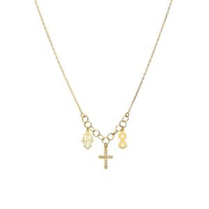 Collar Cruz, Mano Fátima e Infinito Oro 9 Klt