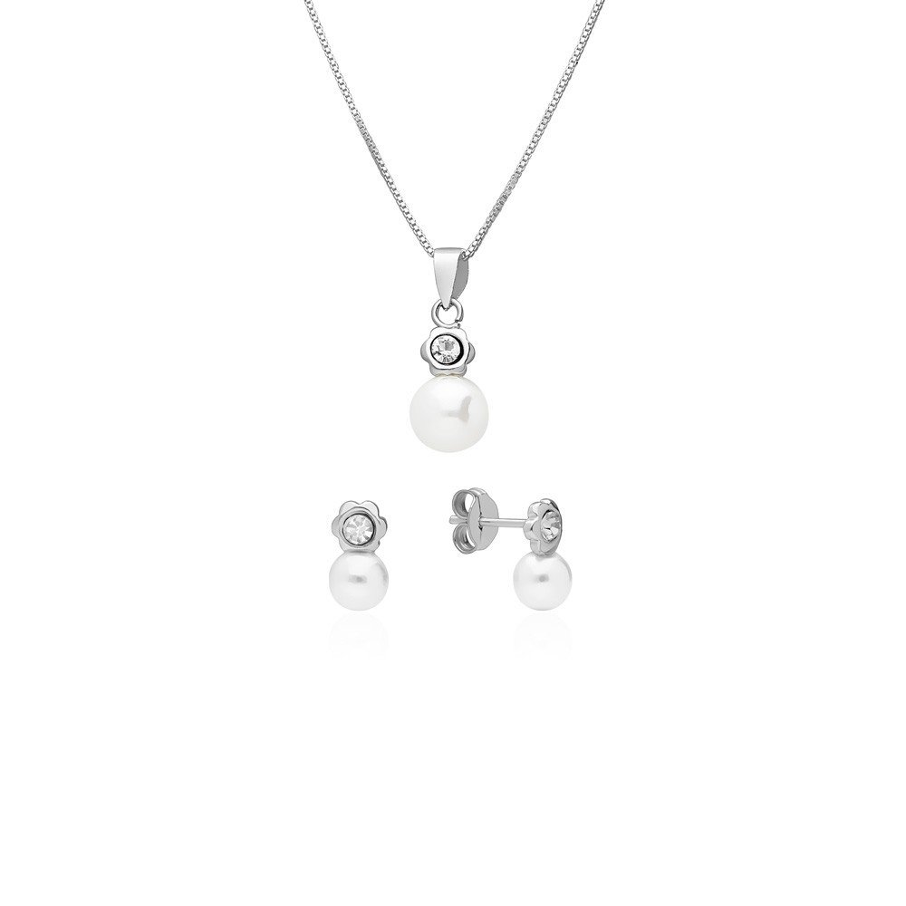 Conjunto Flor Perla Plata Ley 925