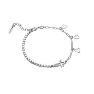 Pulsera Corazones y Cruz Plata Ley 925.