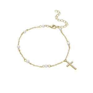 Pulsera Cruz Perlas Plata Ley 925