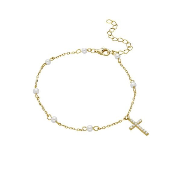Pulsera Cruz Perlas Plata Ley 925